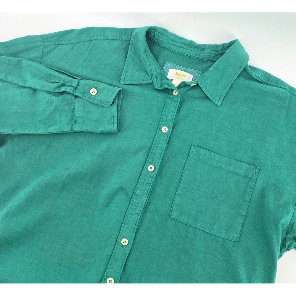 Maeve Anthropologie Boho Teal Green Linen Blend Button Down Shirt Womens Size M
